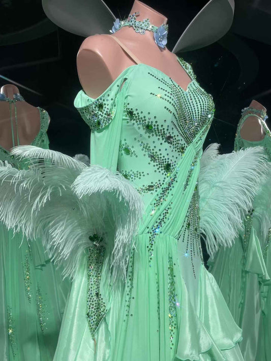 PEI.B014 Mint Green Feather Rhinestone Ballroom Dance Dress