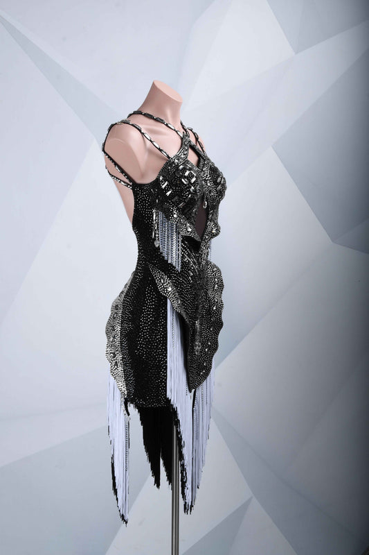 MINEJAS.L073 Black White Fringe Latin Dance Dress