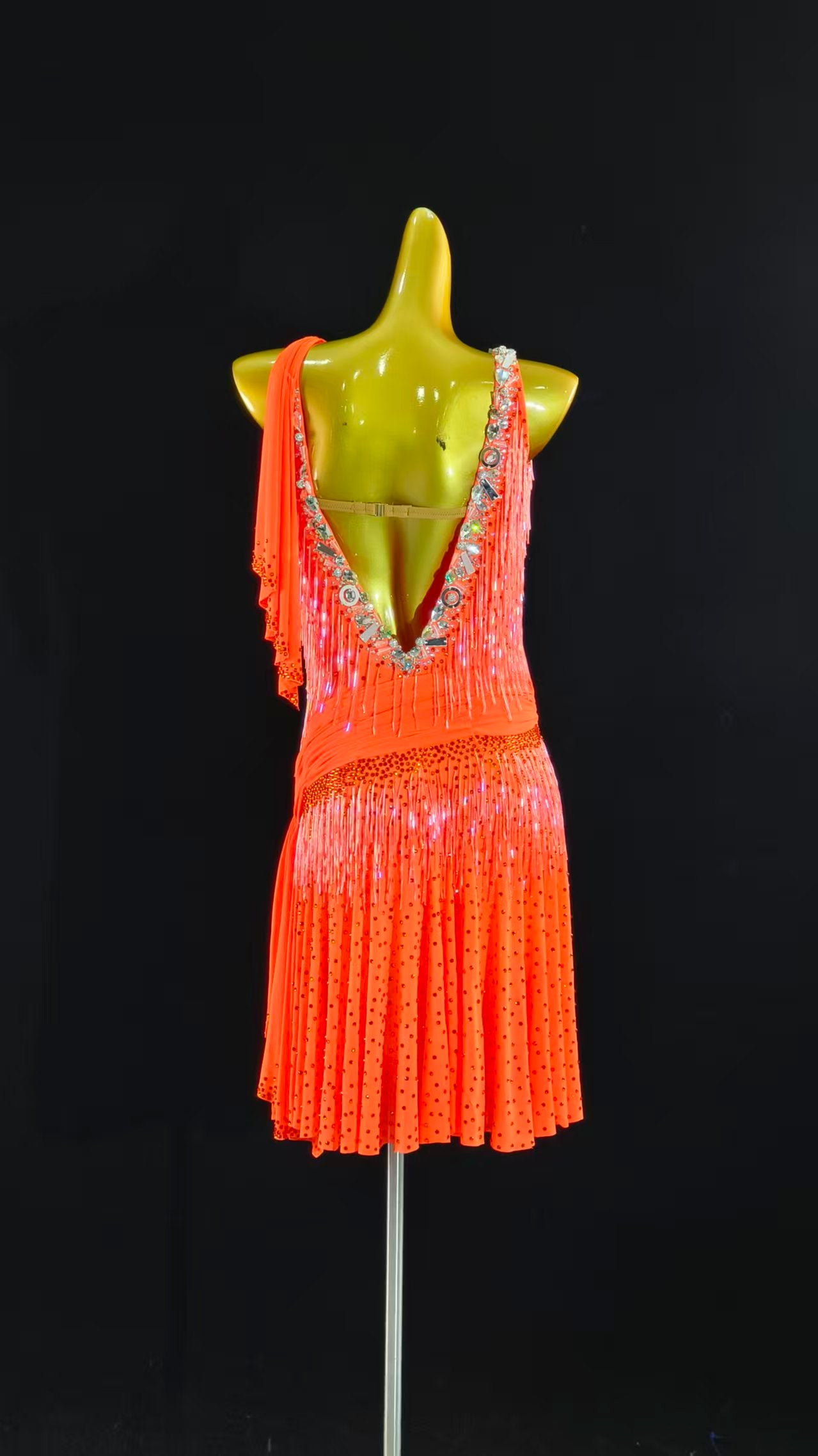 MINEJAS.L069 Orange Latin Dance Dress with Fringes and Rhinestone Embellishments