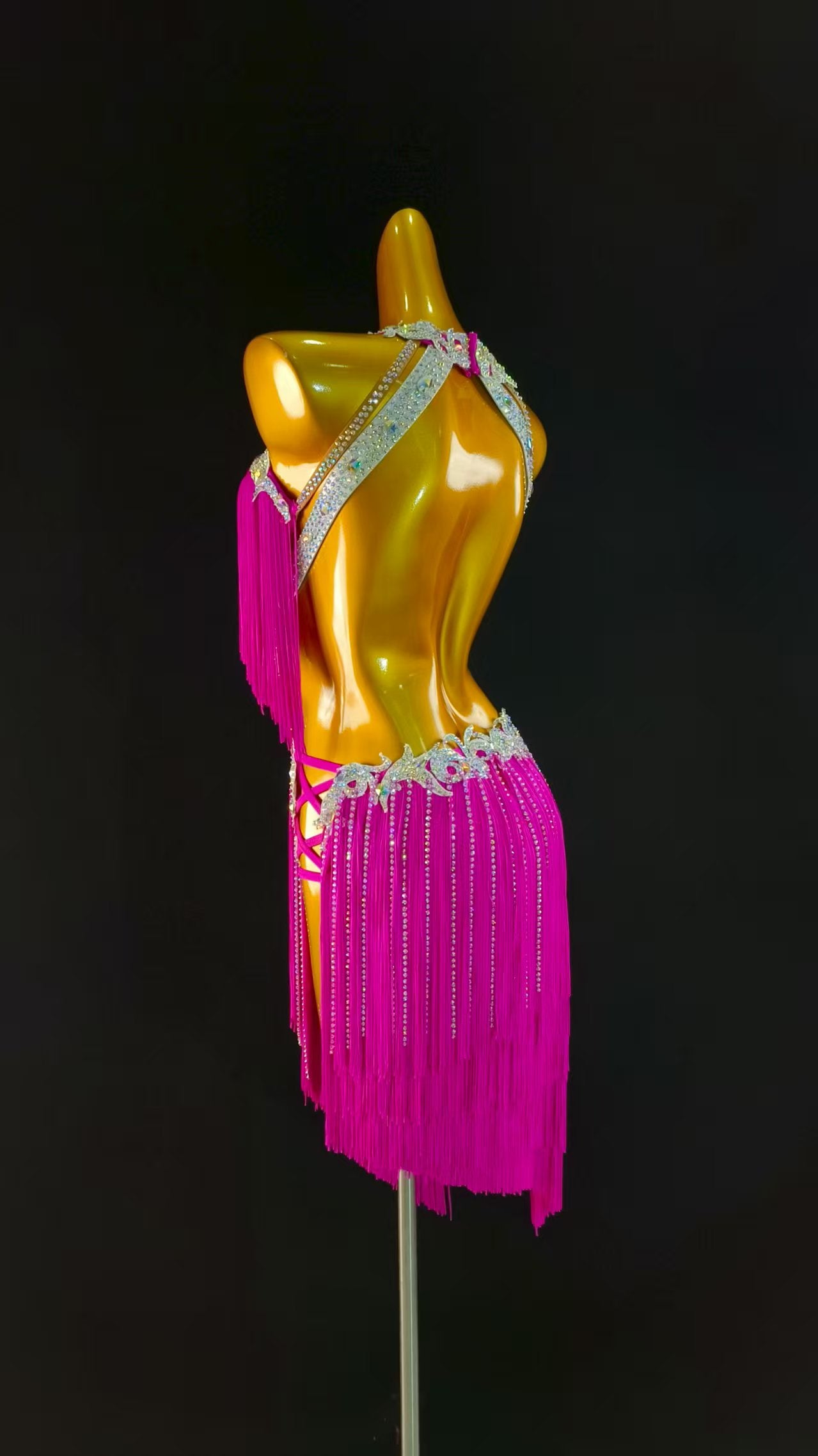 MINEJAS.L039P Hot Pink Fringe Latin Dance Dress with Rhinestone Detailing – Women’s Ballroom Competition Costume