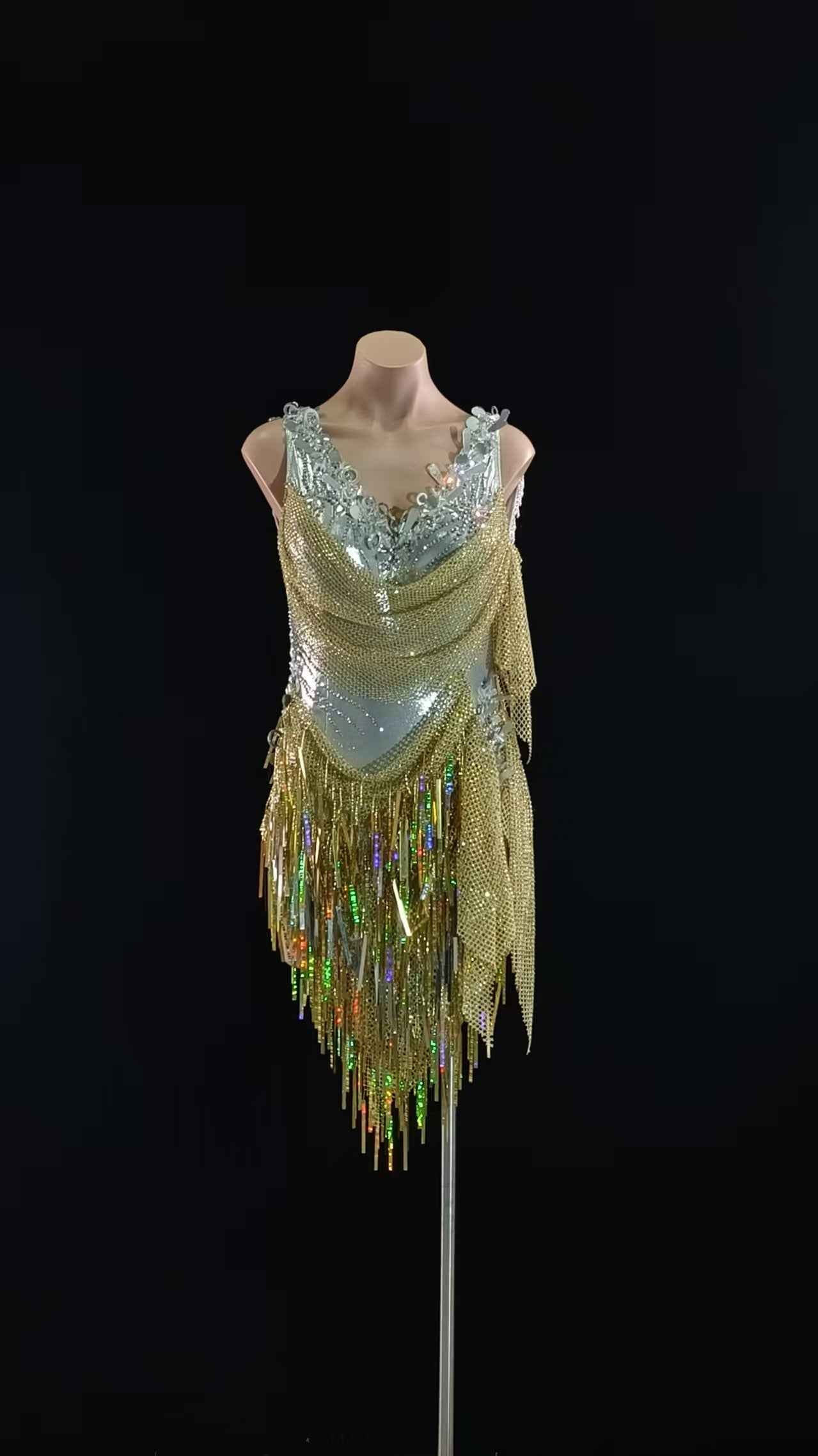 MINEJAS.L056 Gold Sequin Fringe Latin Samba Stage Dance Gown