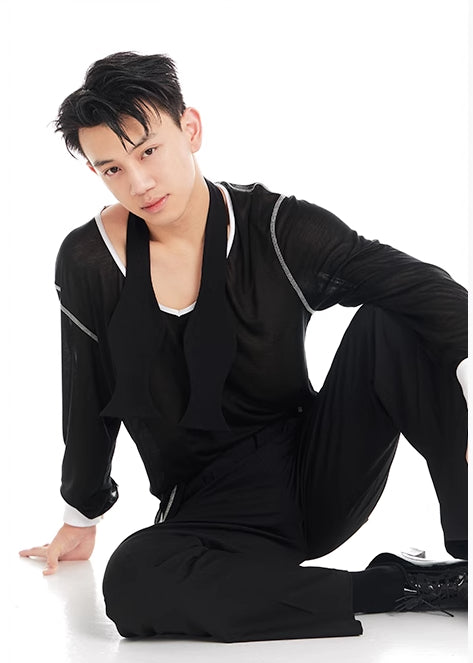 DUYQ "Black and White" Men's 005 Small V-neck Long Sleeve Top Adult National Standard Latin Dance Basic Practice Suit