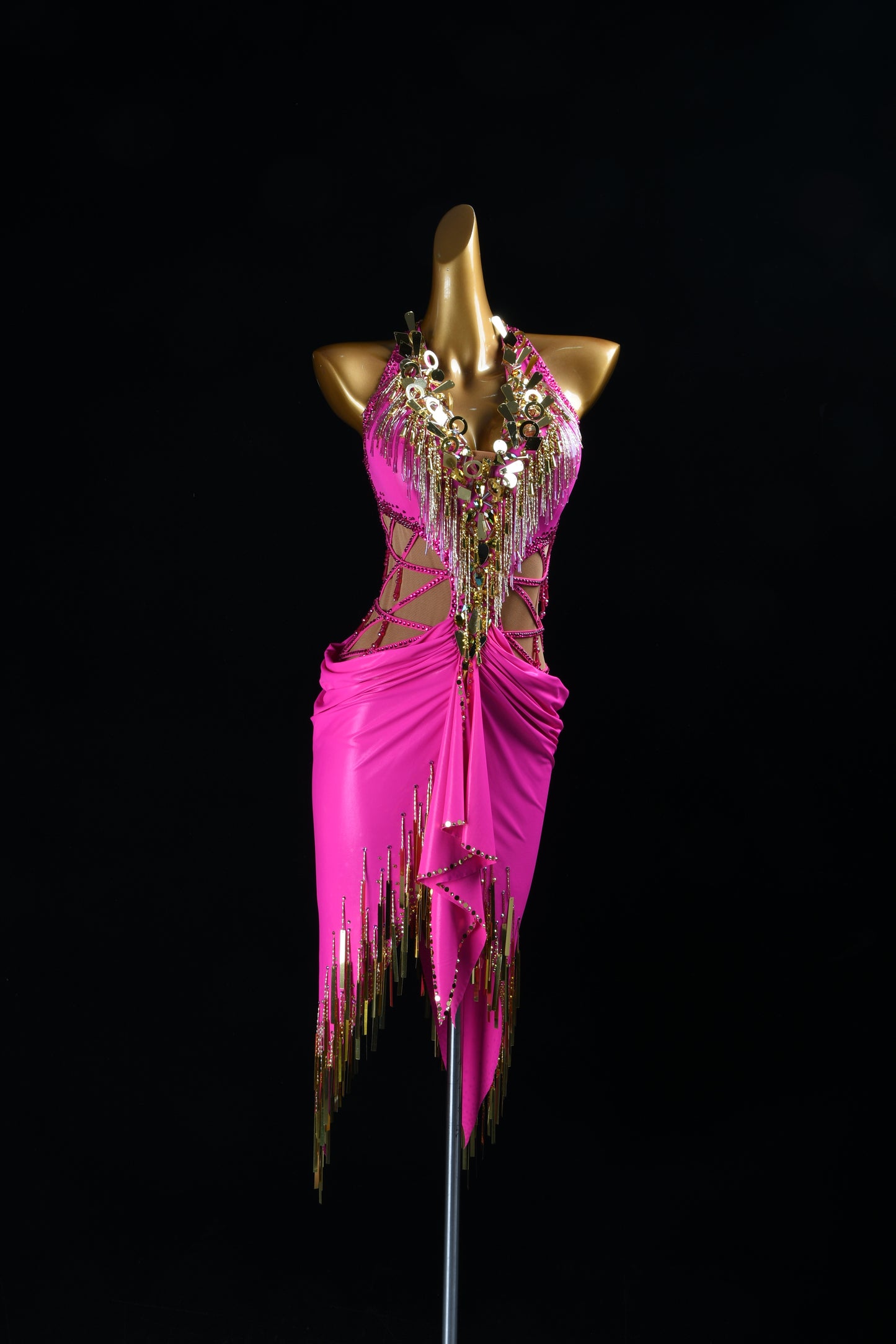 MINEJAS.F1826 Bright Pink & Gold Mid-Length Latin Competition Dress