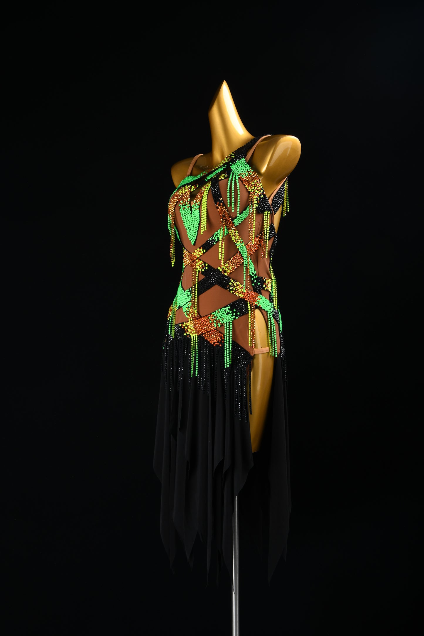 MINEJAS.2426 Women's Latin Dance Dress - Nude Lining, Green Rhinestones, Black Flounce Skirt