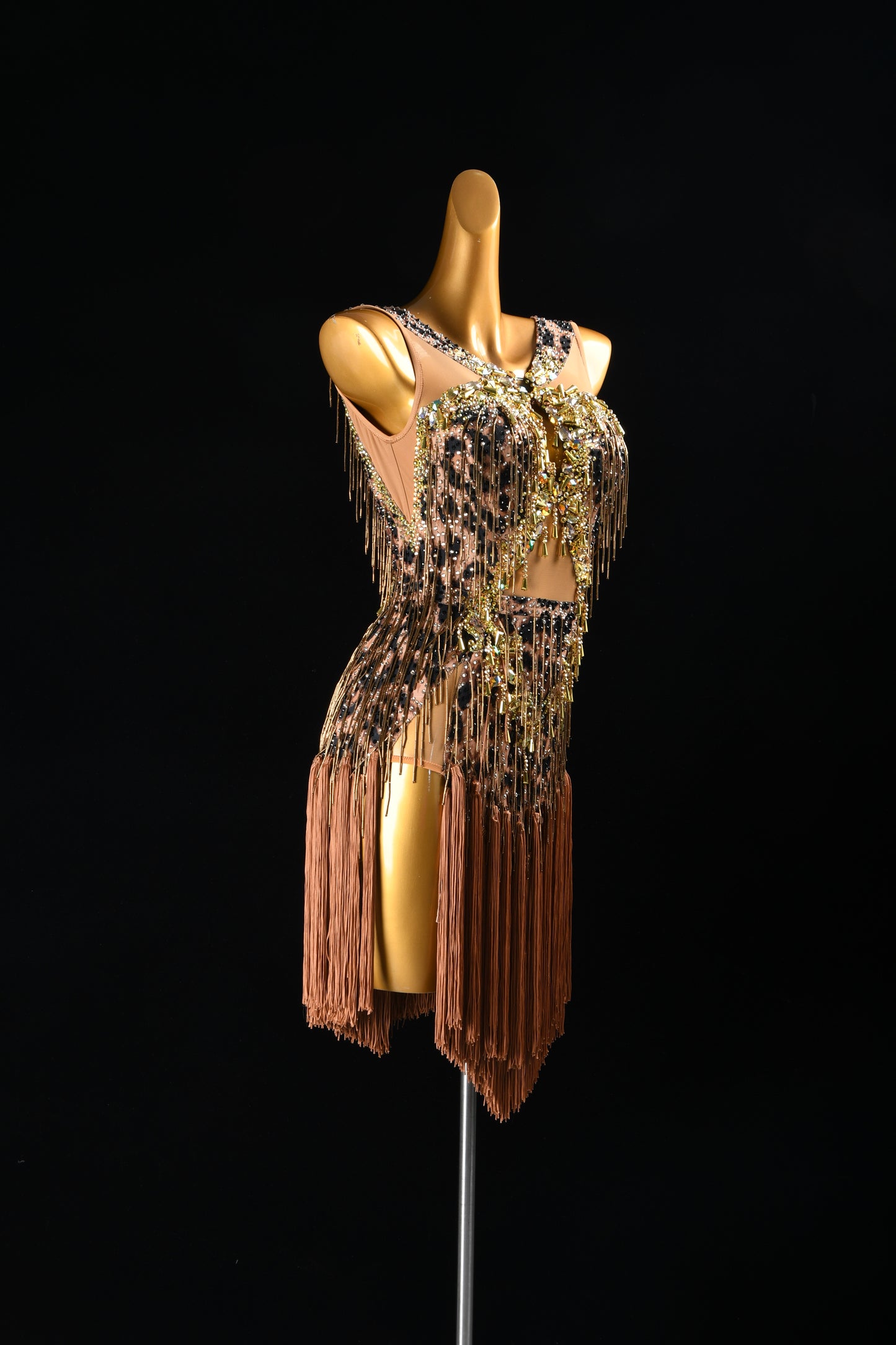 MINEJAS.F726 Leopard Print Coffee Brown Fringe & Beaded Latin Competition Dress