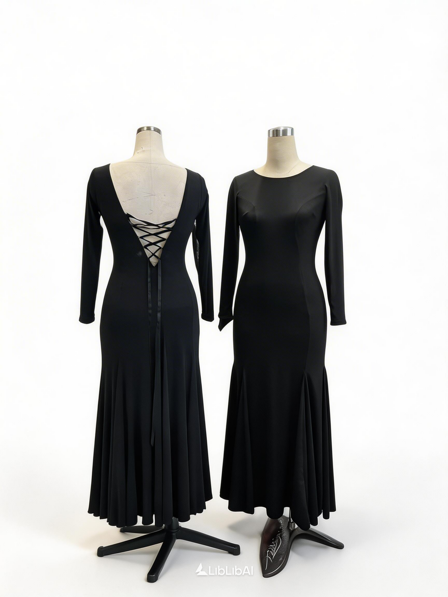 MINEJAS.B2625 Black Long Sleeve Ballroom Dance Dress | Open Back Lace-Up Custom Made