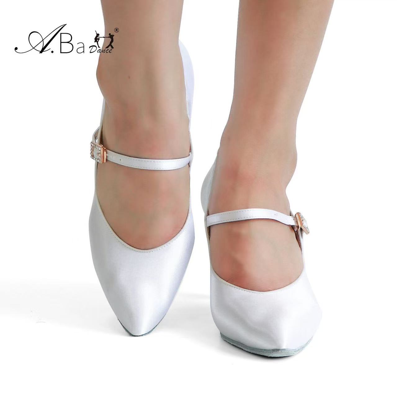 ABA DANCE.AM8011 Elegant White Satin Pointed Toe Ballroom Shoes for Women