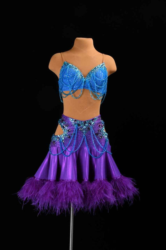 MINEJAS.L054 Blue Purple Feather Latin Salsa Competition Costume