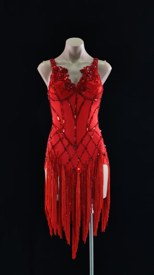 MINEJAS.PLR020 Red fringe latin dance costume
