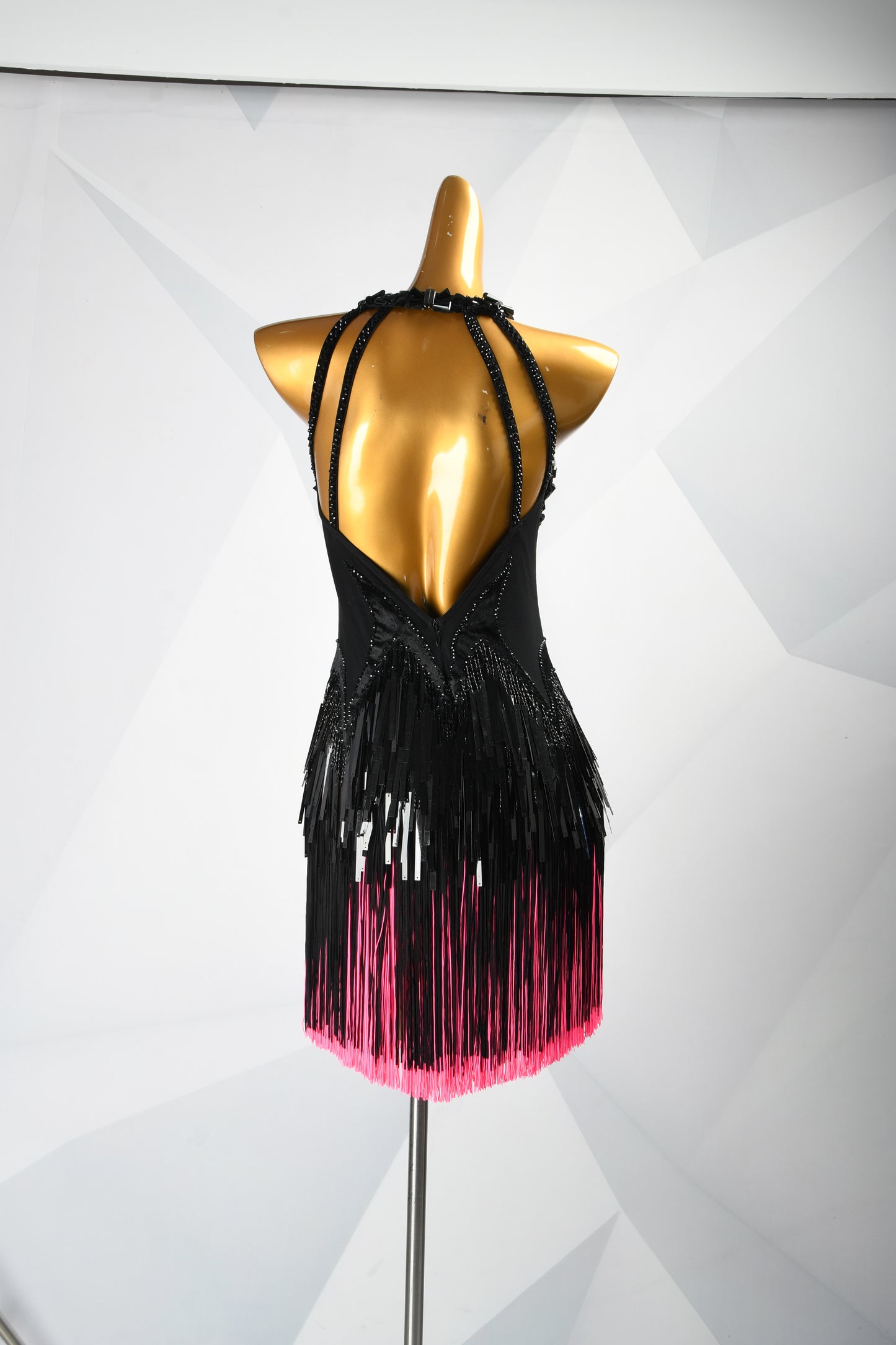 MINEJAS.F1526 Black Line Design with Pink Fringe Latin Dance Dress