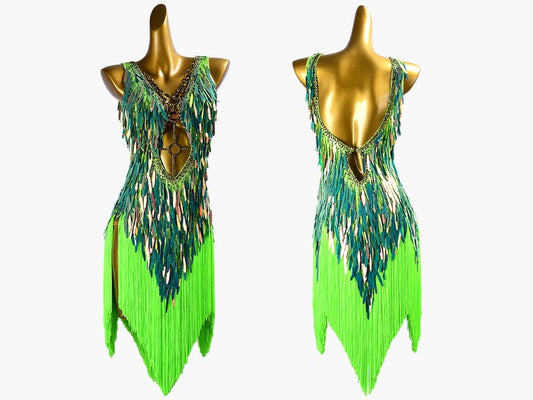 MINEJAS.PLG015 Grass green sleeveless Latin dress with fringes, sequins&crystals