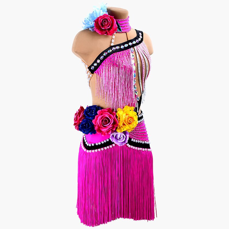 MINEJAS.PLPJ006 Magenta Rose sleeveless Kids Latin dress with beaded fringes, stoned strings, fringes, 3D flowers&crystals