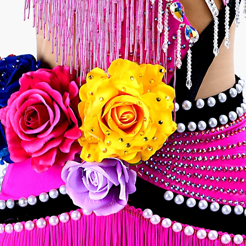 MINEJAS.PLPJ006 Magenta Rose sleeveless Kids Latin dress with beaded fringes, stoned strings, fringes, 3D flowers&crystals