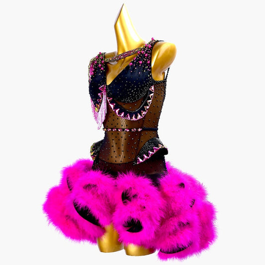 MINEJAS.PLBP011 Black Latin dress with beaded fringes, mesh, deep pink naps&crystals
