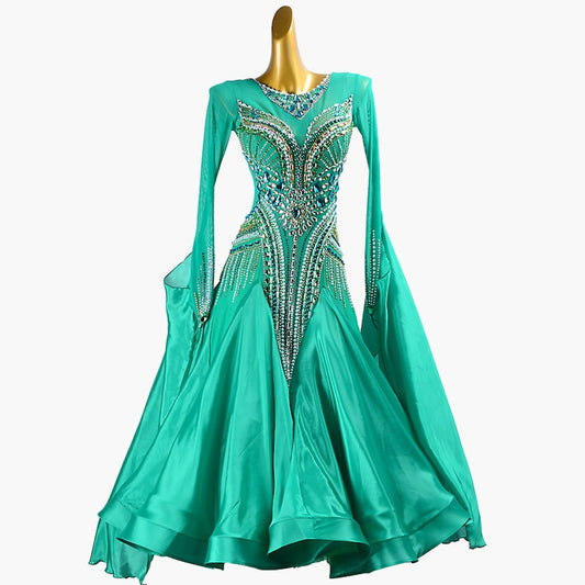 MINEJAS.PBG003 Pale green ballroom dress with mesh, crystals&beads