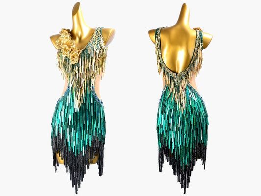 MINEJAS.PLGG016 Dark green Latin dress with beaded tubes, fringes, sequins, stoned strings&crystals