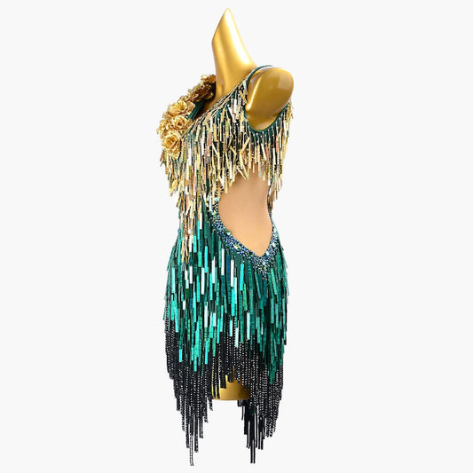 MINEJAS.PLGG016 Dark green Latin dress with beaded tubes, fringes, sequins, stoned strings&crystals