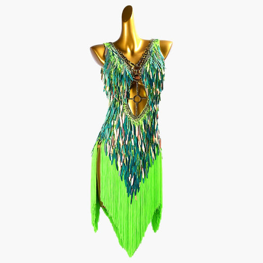MINEJAS.PLG015 Grass green sleeveless Latin dress with fringes, sequins&crystals