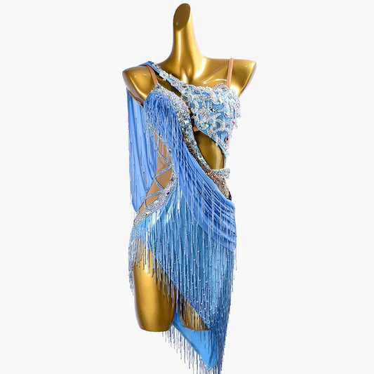 MINEJAS.PLB017 Cornflowerblue sleeveless Latin dress with beaded fringes, lace, sew-on stones & crystals