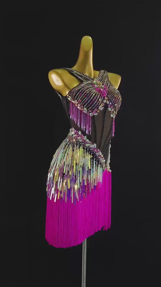 MINEJAS.L031 Vibrant Fuchsia Latin Dance Dress with Crystals & Fringe