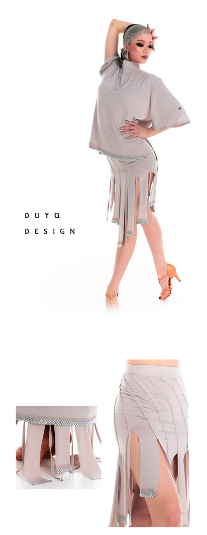 DUYQ 004 Lapel Diamond Trim Skirt for Latin Dance