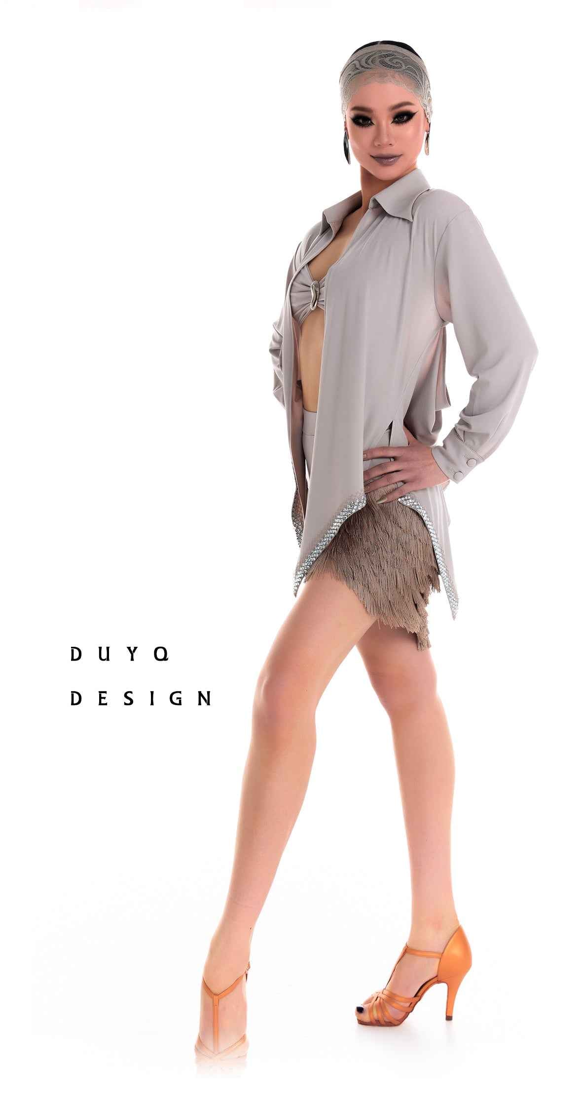 DUYQ 019 Lapel Diamond Trim Top for Latin Dance
