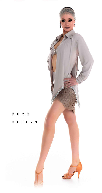 DUYQ 019 Lapel Diamond Trim Top for Latin Dance