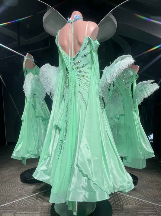PEI.B014 Mint Green Feather Rhinestone Ballroom Dance Dress