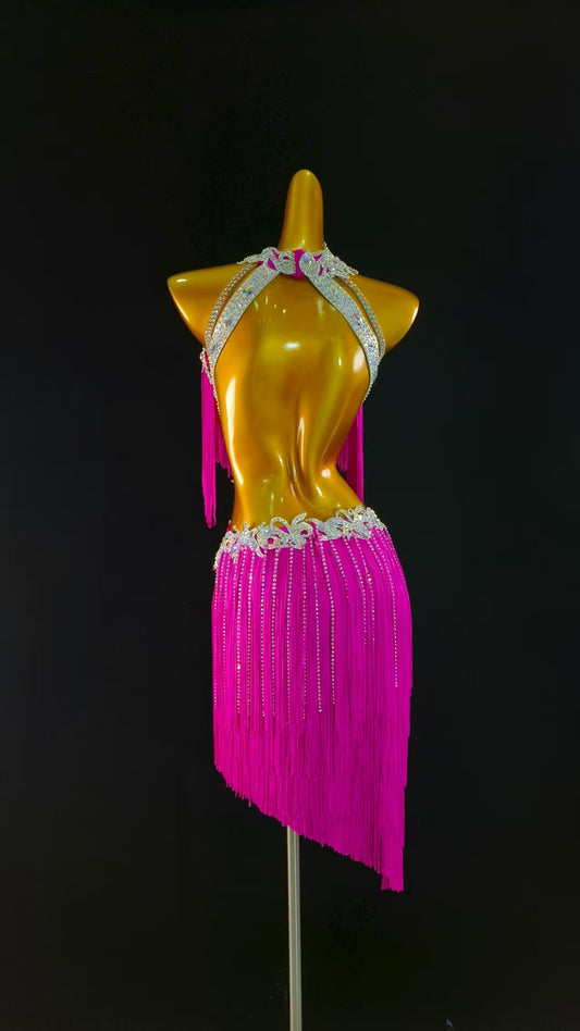 MINEJAS.L039P Hot Pink Fringe Latin Dance Dress with Rhinestone Detailing – Women’s Ballroom Competition Costume