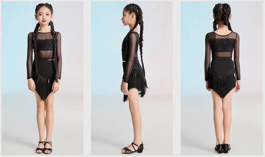 MLX 116 Children's Latin Dance Suit Advanced Sense Children's Dance Lace Fringed Skirt Practice Suit