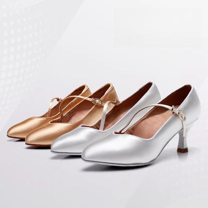 DRH-208 Women's Pointed Oblique Strap Satin Tango & Waltz Dance Shoes – Soft Sole for Social & Performance - Mine·Jas