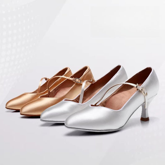 DRH-208 Women's Pointed Oblique Strap Satin Tango & Waltz Dance Shoes – Soft Sole for Social & Performance - Mine·Jas