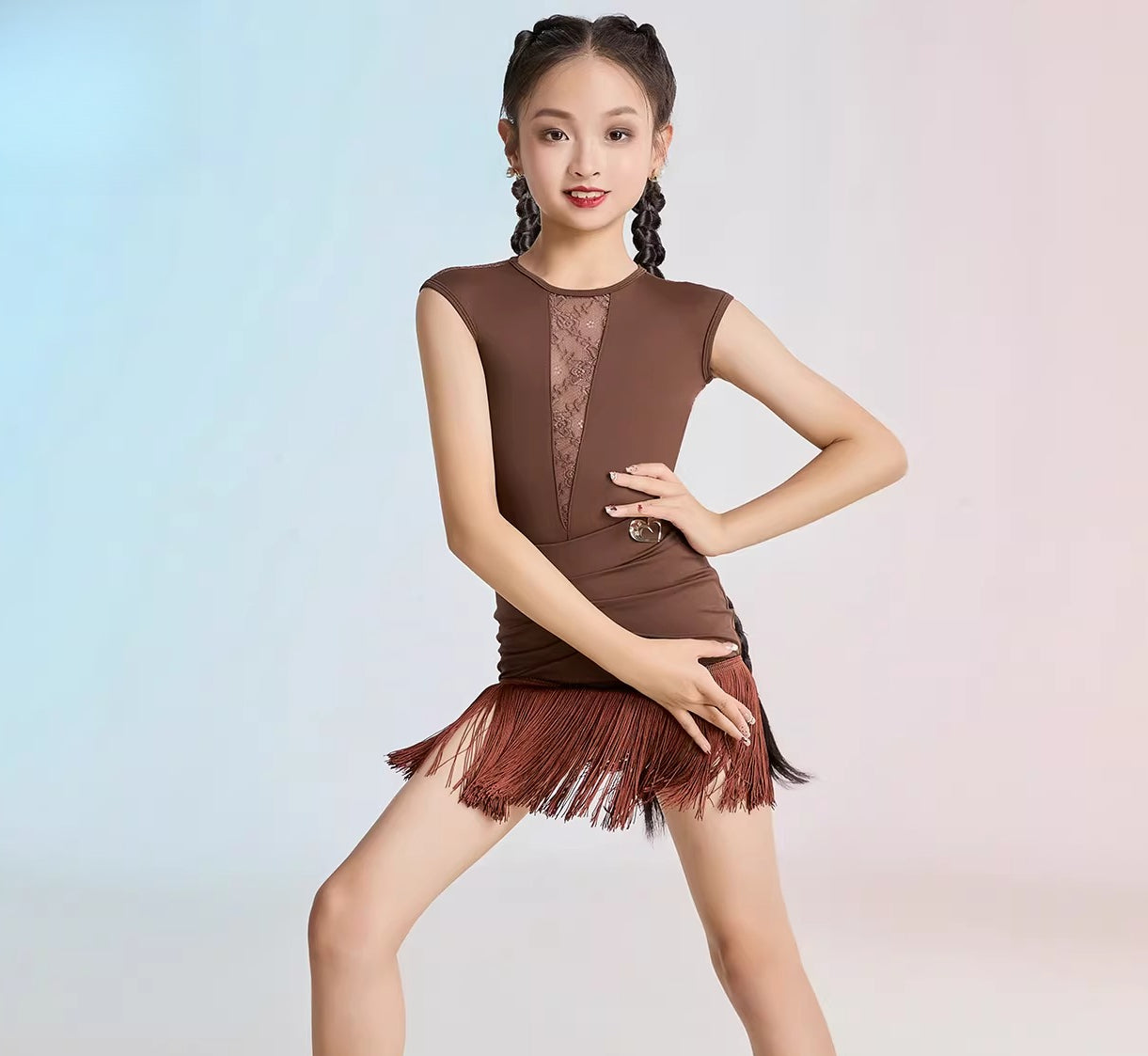 MLX children's Latin dance costume, fringed skirt, girls' dance one-piece top, practice performance costume