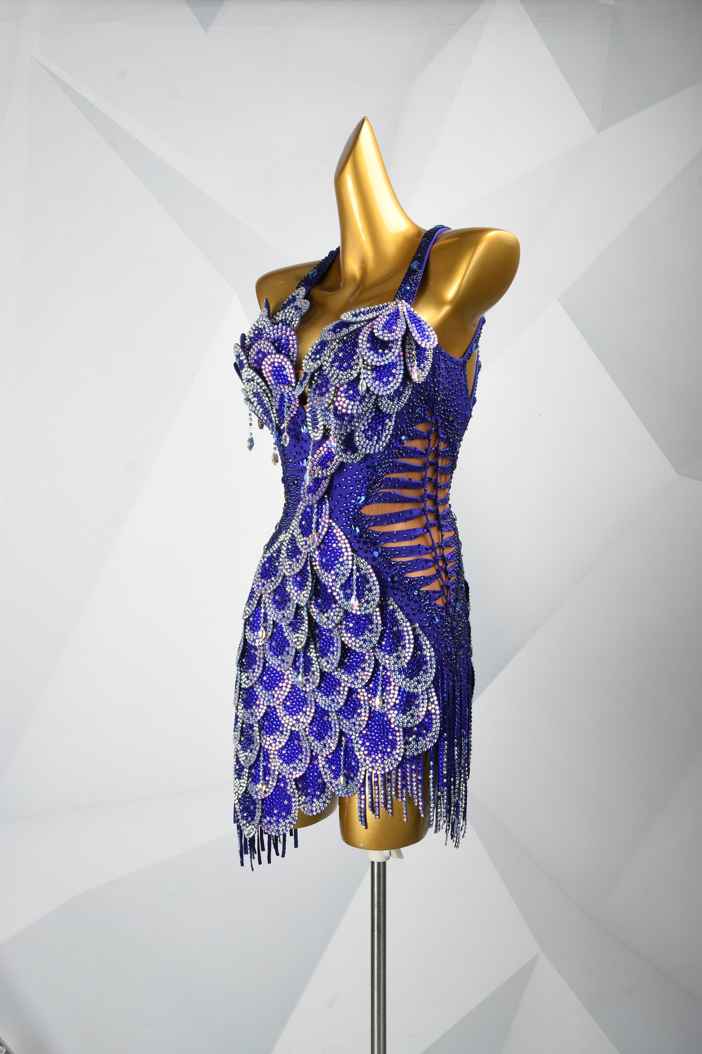MINEJAS.F2126 Royal Blue Heavy Embellished Fish-Scale Design Latin Competition Dress - Mine·Jas