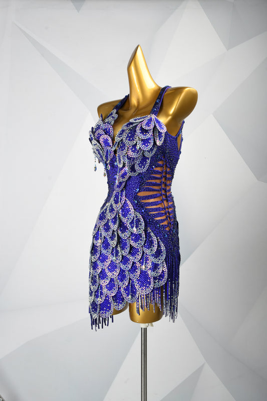 MINEJAS.F2126 Royal Blue Heavy Embellished Fish-Scale Design Latin Competition Dress - Mine·Jas