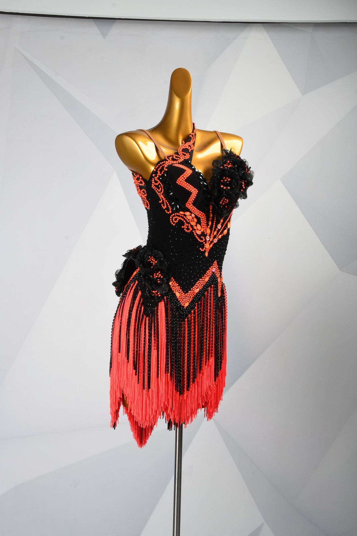 MINEJAS.F1126 Black & Orange 3D Floral Dynamic Fringe Latin Competition Dress