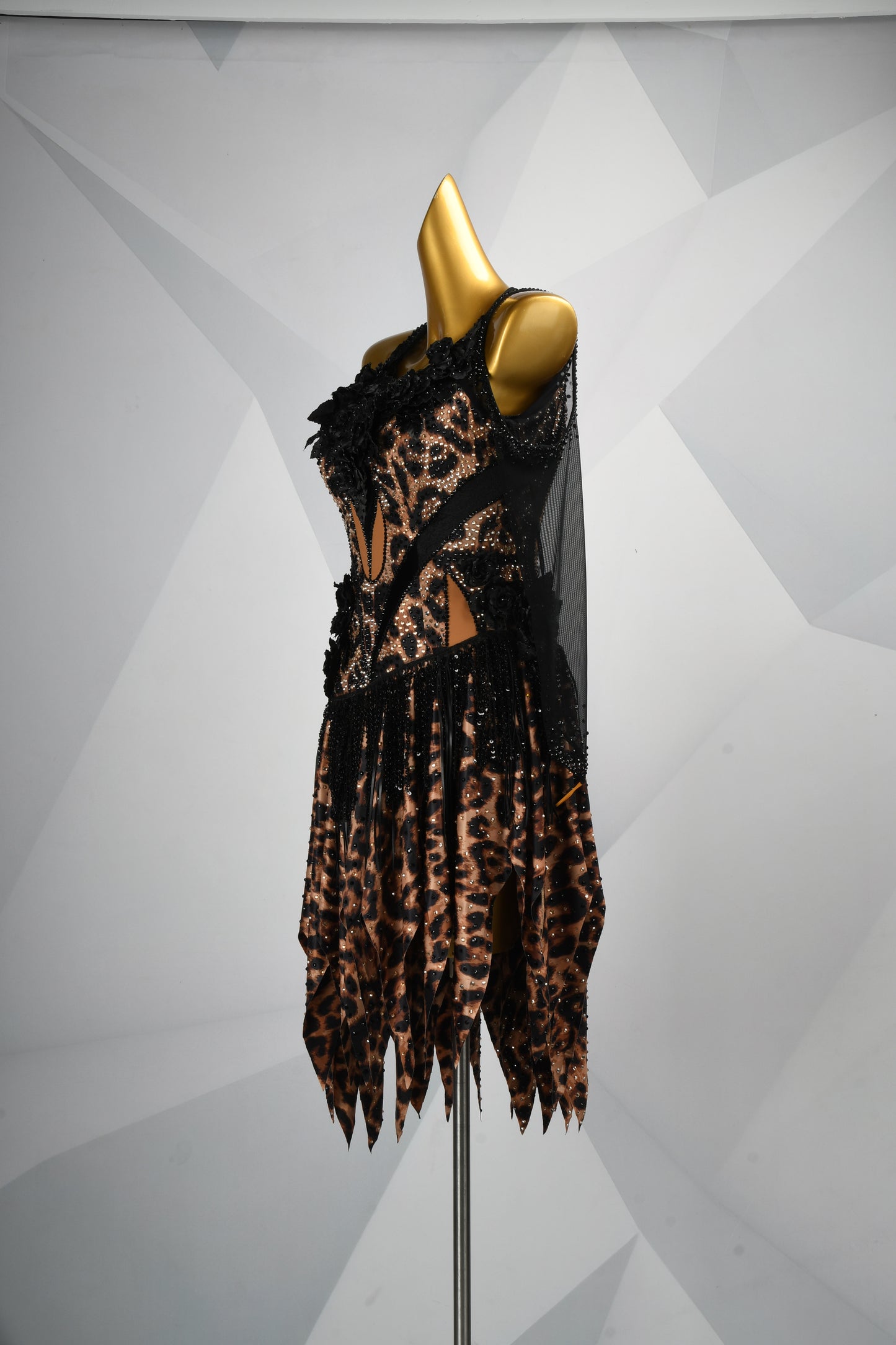 MINEJAS.2826 Leopard Print Latin Dance Dress | Long Sleeves, Asymmetrical Skirt & 3D Floral Appliques | Women's Competition Dress