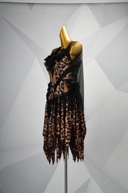 MINEJAS.2826 Leopard Print Latin Dance Dress | Long Sleeves, Asymmetrical Skirt & 3D Floral Appliques | Women's Competition Dress