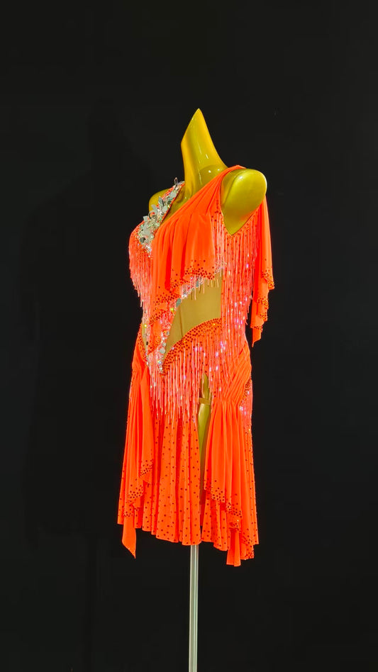 MINEJAS.L069 Orange Latin Dance Dress with Fringes and Rhinestone Embellishments