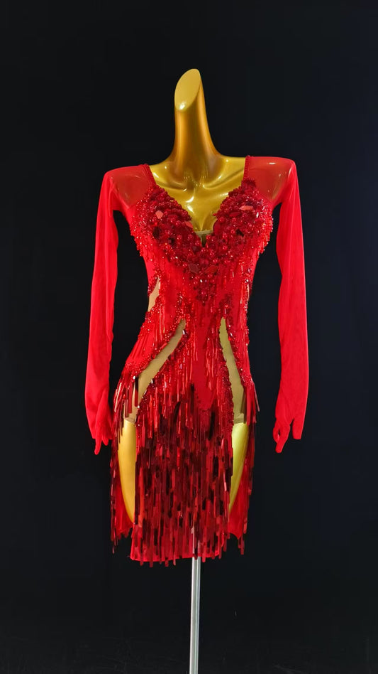 MINEJAS.L022 Red Latin Dance Dress with Long Sleeves and Sequin Fringe – Women’s Ballroom Competition Costume