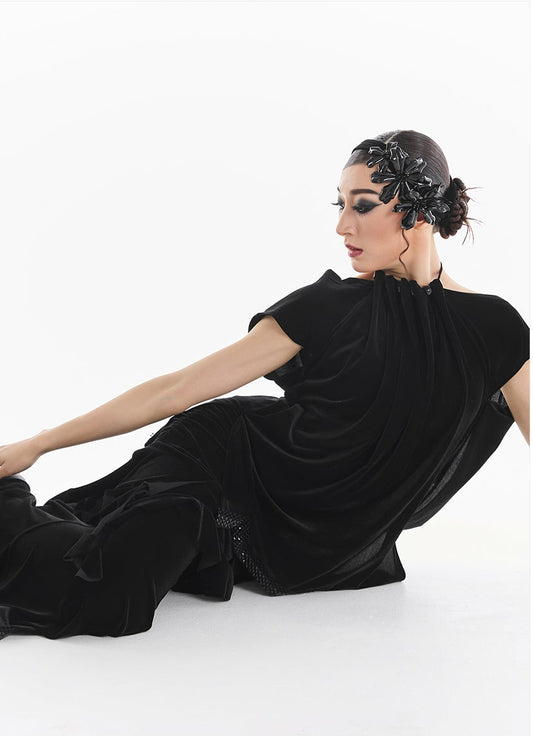 DUYQ [Midnight Star] 011 Ballroom Velvet Gathered Neck Top – Professional Ballroom Practice Wear - Mine·Jas