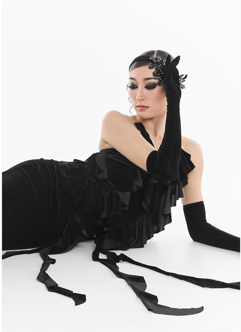 DUYQ [Midnight Star] 005 Ballroom Black Velvet Waterfall Tie-Up Top – Professional Ballroom Practice Wear - Mine·Jas