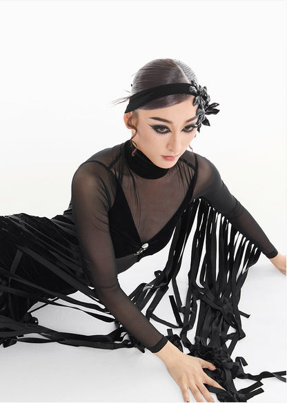DUYQ [Midnight Star] 017 Ballroom Velvet Mesh Patchwork Bodysuit – Professional Ballroom Practice Wear