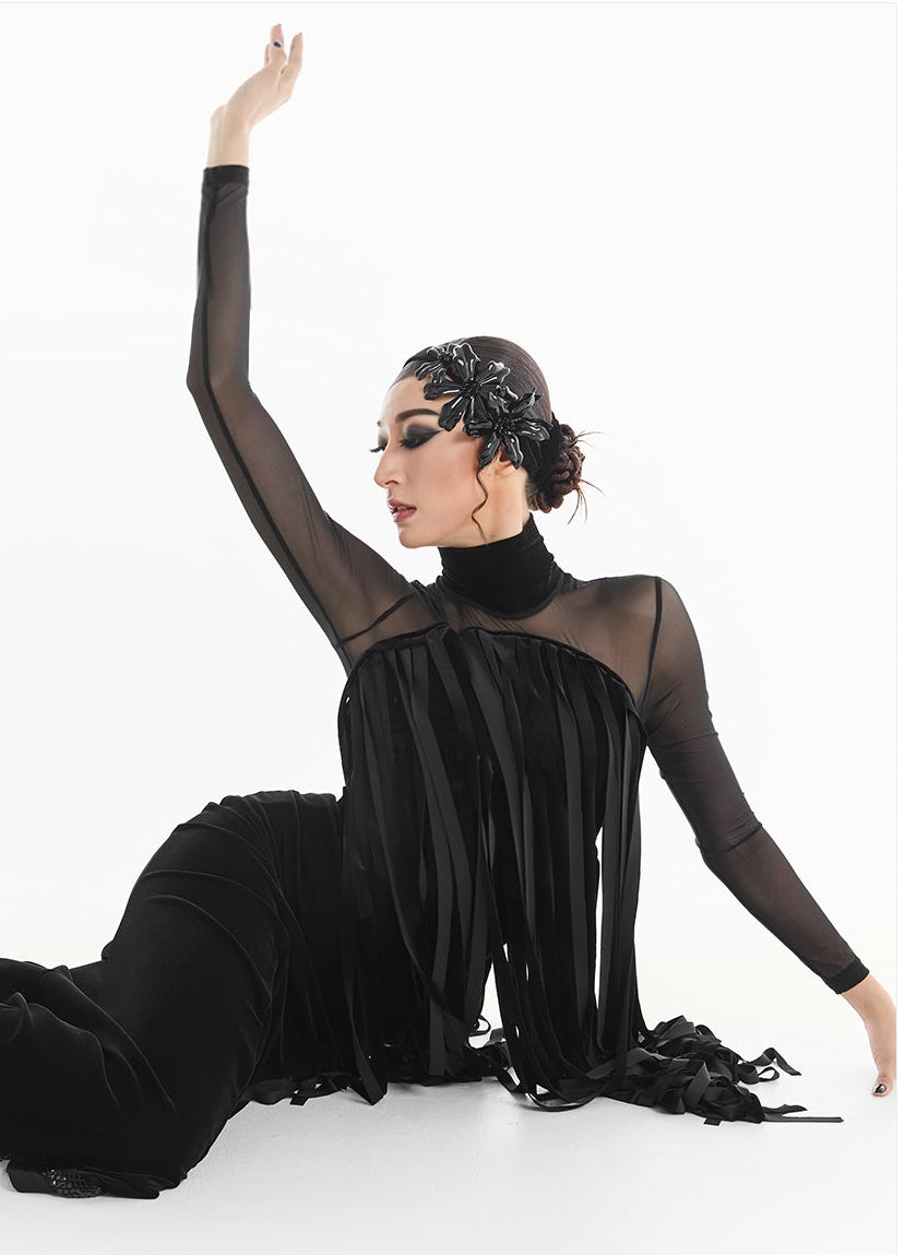 DUYQ [Midnight Star] 001 Ballroom Black Velvet Fringe Bodysuit – Professional Ballroom Practice Wear - Mine·Jas