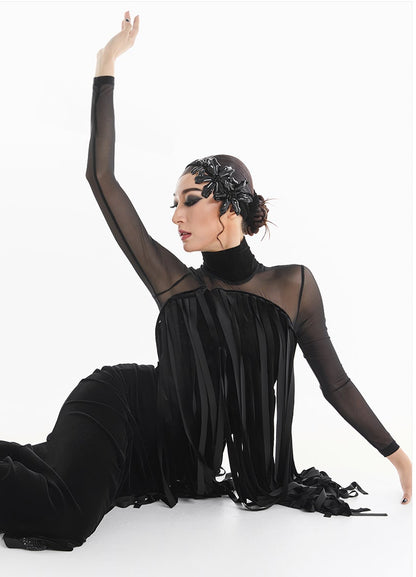 DUYQ [Midnight Star] 001 Ballroom Black Velvet Fringe Bodysuit – Professional Ballroom Practice Wear - Mine·Jas