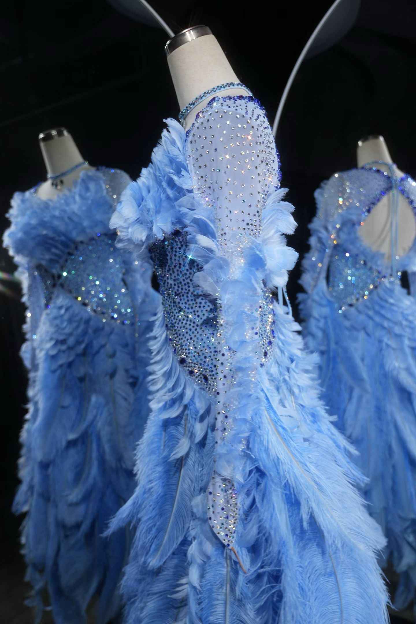 PEI.B006 Sky Blue Mesh Sleeve Ballroom Dance Dress Bling