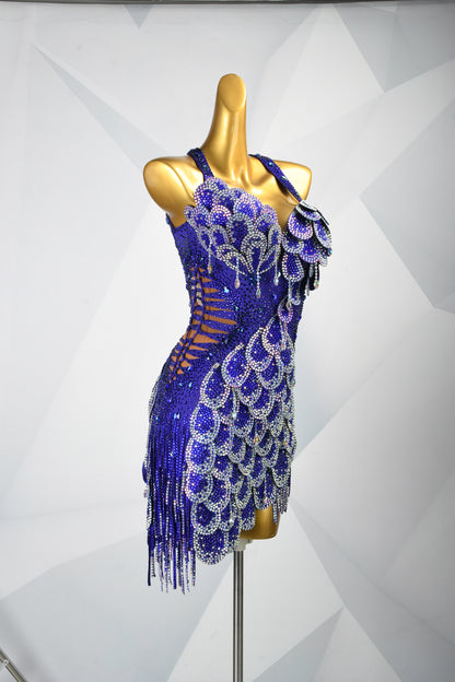 MINEJAS.F2126 Royal Blue Heavy Embellished Fish-Scale Design Latin Competition Dress - Mine·Jas