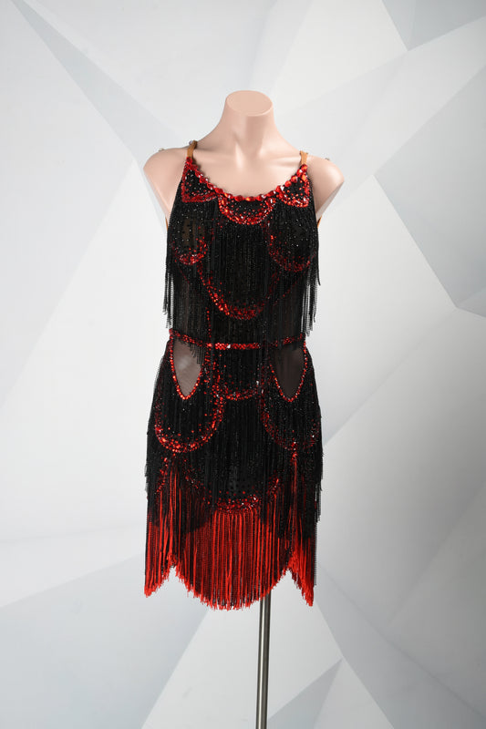 MINEJAS.F526 Black & Red Layered Fringe Latin Competition Dress - Mine·Jas