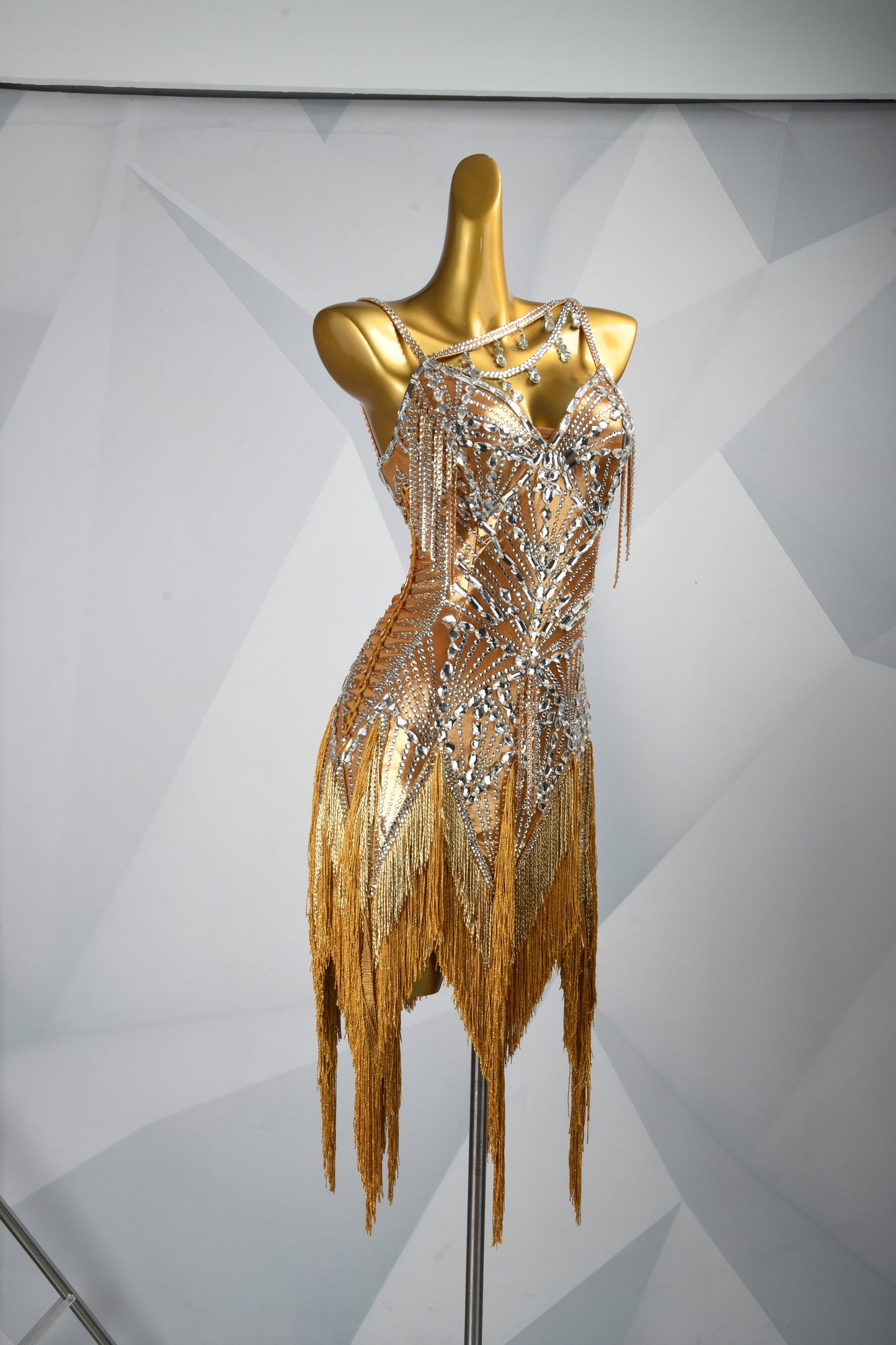 MINEJAS.F1226 Gold Metallic Fabric Heavy Embellished Latin Competition Dress - Mine·Jas