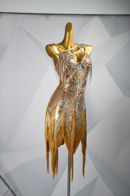 MINEJAS.F1226 Gold Metallic Fabric Heavy Embellished Latin Competition Dress - Mine·Jas